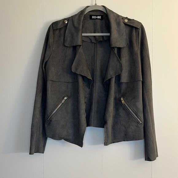 DO+BE Faux Suede Open Front Jacket Size S Gray Draped Flowy Moto Military - Picture 1 of 7